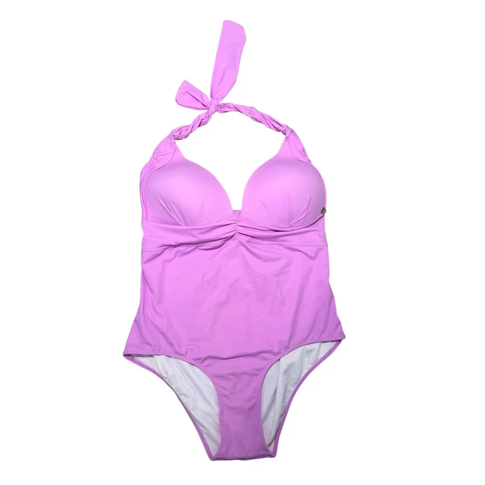 Aqua Menta Designer Swimsuit Women XL Pink Excellent Halter One Piece Ruched Bow